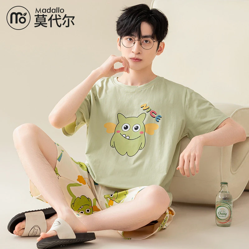 莫代尔夏季纯棉男睡衣薄款短袖套装可外穿休闲可爱卡通学生家居服