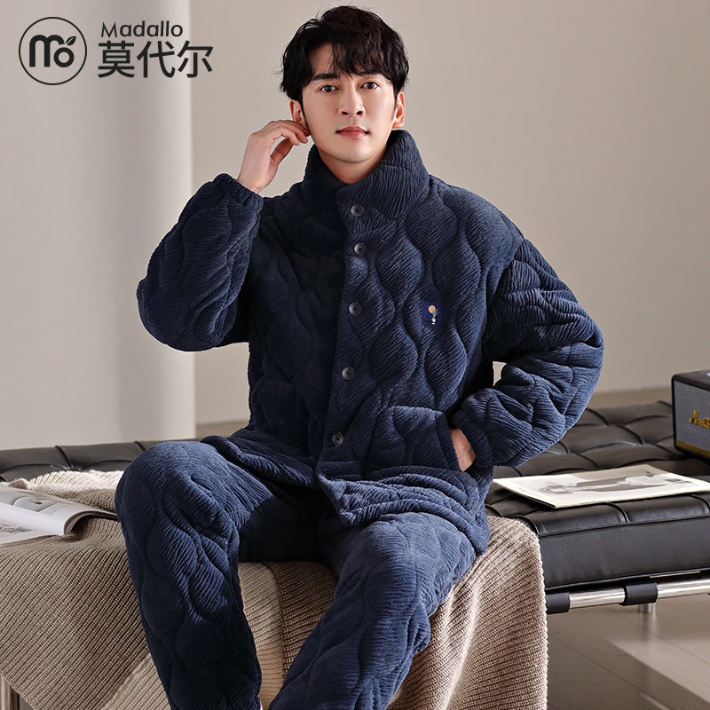 莫代尔睡衣男秋冬季加厚加绒珊瑚绒夹棉家居服法兰绒湖南省服套装