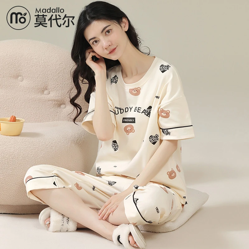 莫代尔纯棉睡衣女款夏季薄款短袖七分裤可爱卡通宽松家居服可外穿