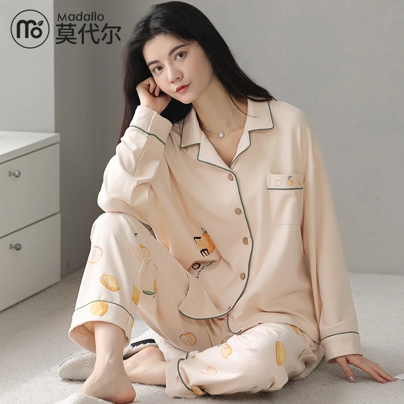 莫代尔睡衣女款春秋季纯棉长袖宽松夏季薄款简约高级感家居服套装