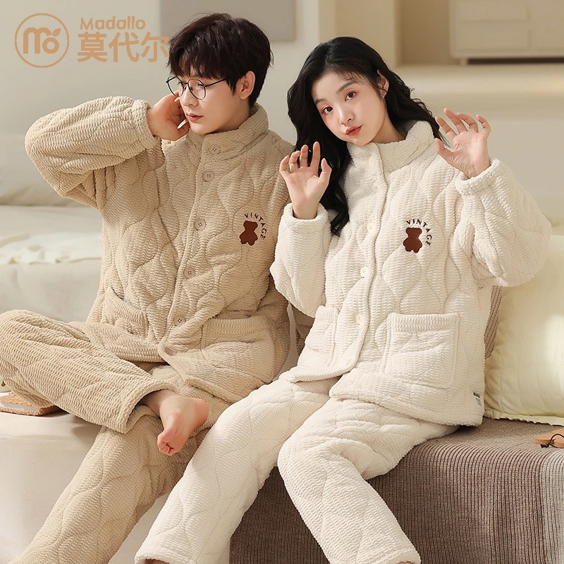 莫代尔睡衣情侣冬加绒超厚珊瑚绒三层夹棉宽松大码休闲家居服套装