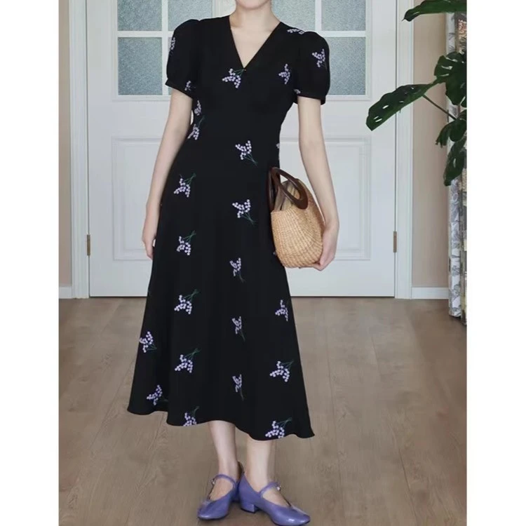 紫色风铃 法式刺绣收腰连衣裙时尚v领气质高级感中长裙显瘦裙夏季