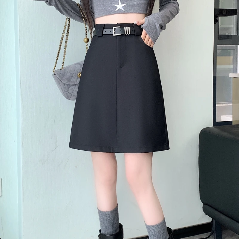 大码腰带灰色半身裙西装2025新款百搭高腰遮肚显瘦a字防走光中裙