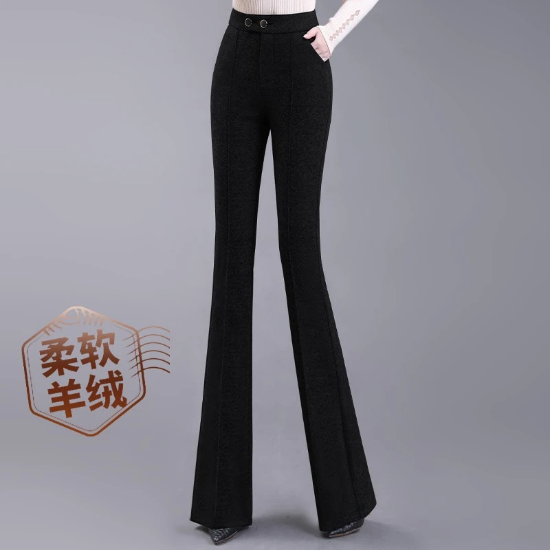 黑色加绒山羊绒微喇裤女春秋新款冬加厚保暖毛呢喇叭裤高腰显瘦裤