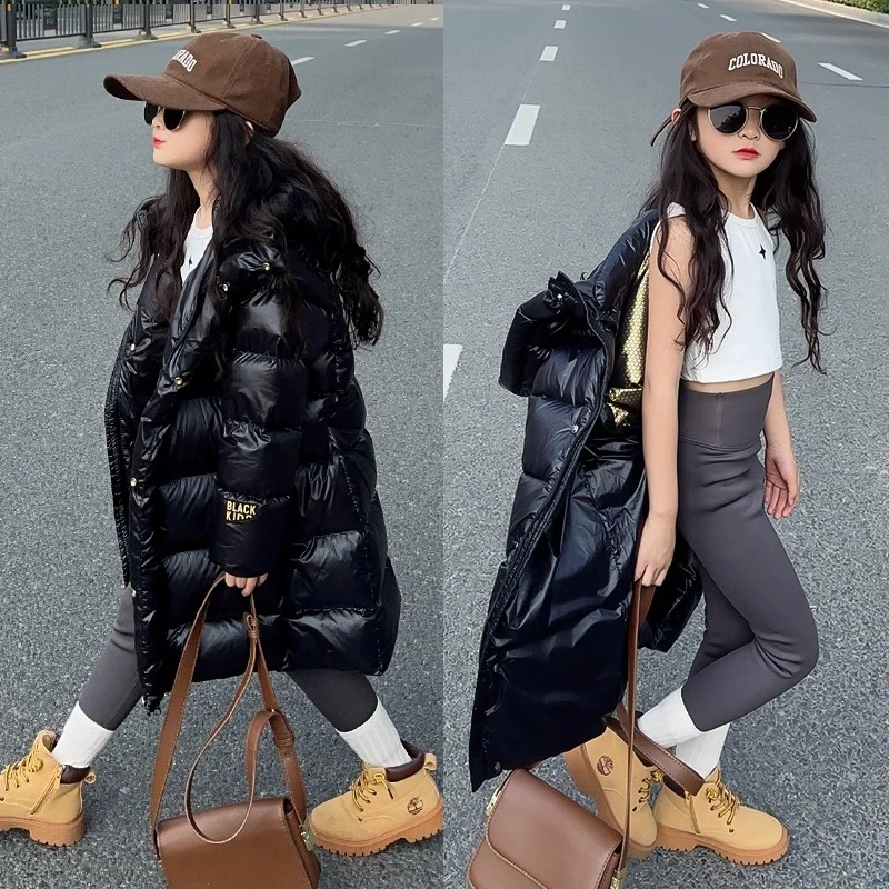 女童黑金羽绒服中长款过膝长款加厚外套儿童冬装加厚中大童保暖潮