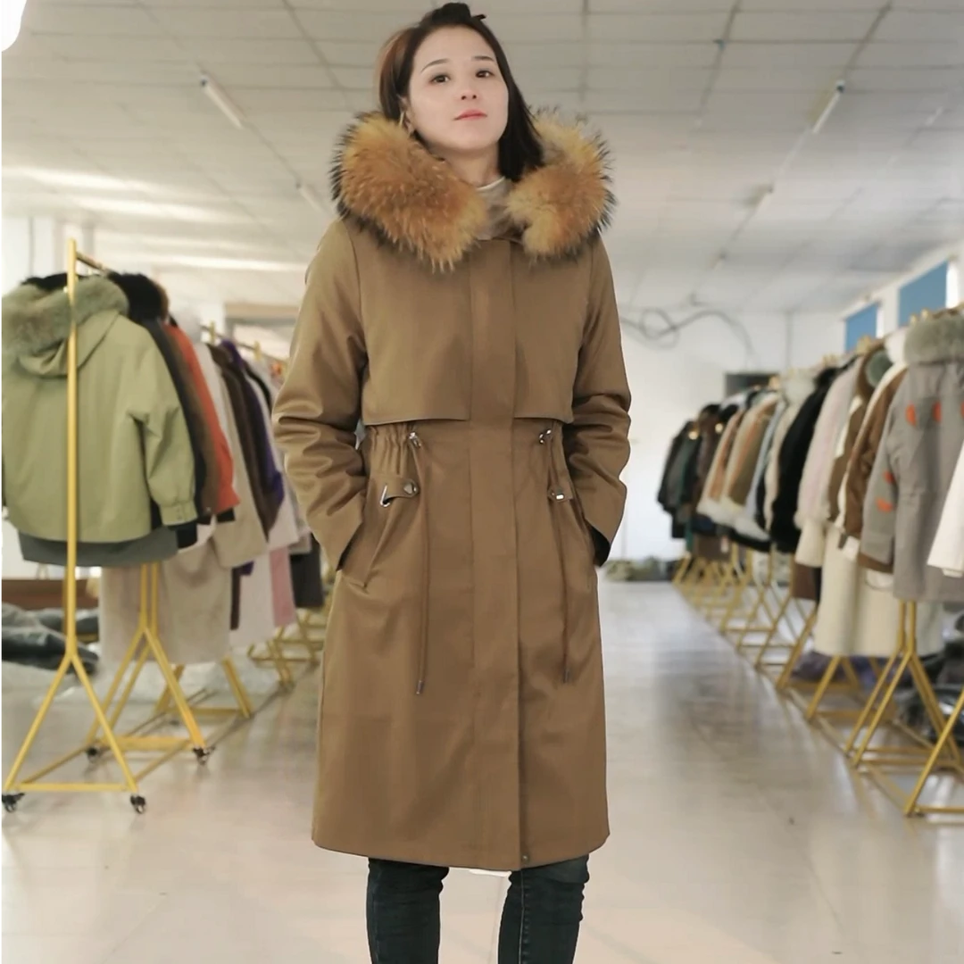 新款小蛮腰长款貉子毛大毛领皮草派克服冬时女真皮毛内胆连帽