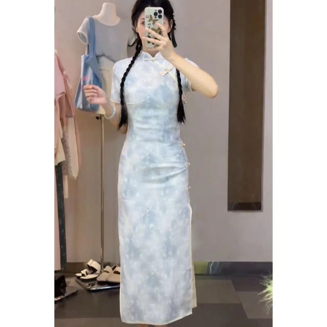 茶茉【蓝桉】蓝色旗袍古法优雅新中式夏季年轻款少女日常复古连衣裙