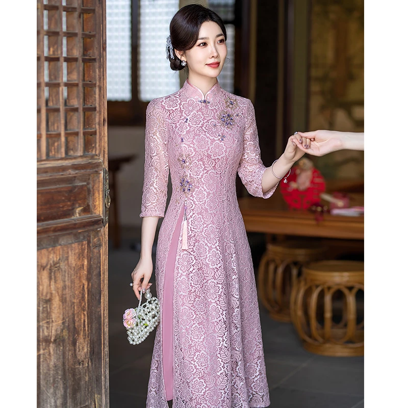 年轻妈妈结婚礼服旗袍2024新款喜婆婆婚宴装粉色连衣裙平时可穿