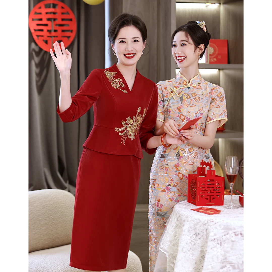 妈妈结婚礼服喜婆婆婚宴旗袍婚礼秋冬喜服假两件套装秋天冬季长袖