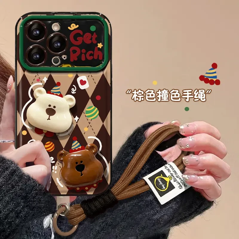 网红可爱小熊苹果华为vivo小米oppo翻盖镜子大视窗iPhone15手机壳