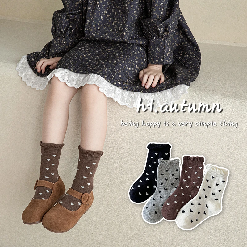 女童袜子纯棉春秋季儿童木耳边中筒袜韩系爱心女孩宝宝公主花边袜