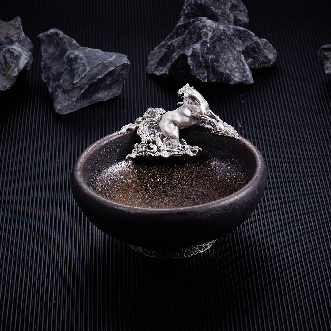 黑陶马到成功粗陶原矿手工镶嵌 足银个性复古精美