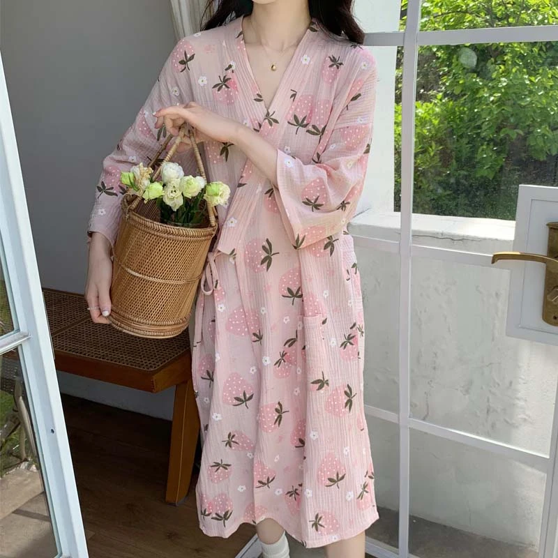 睡袍浴袍女夏季纯棉纱布甜美日式绑带开衫全棉睡衣裙成人薄款轻纱