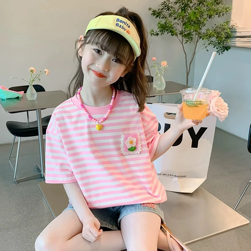 女童夏季韩版洋气中大童宽松条纹女童短袖T恤夏装2024新款儿童节t