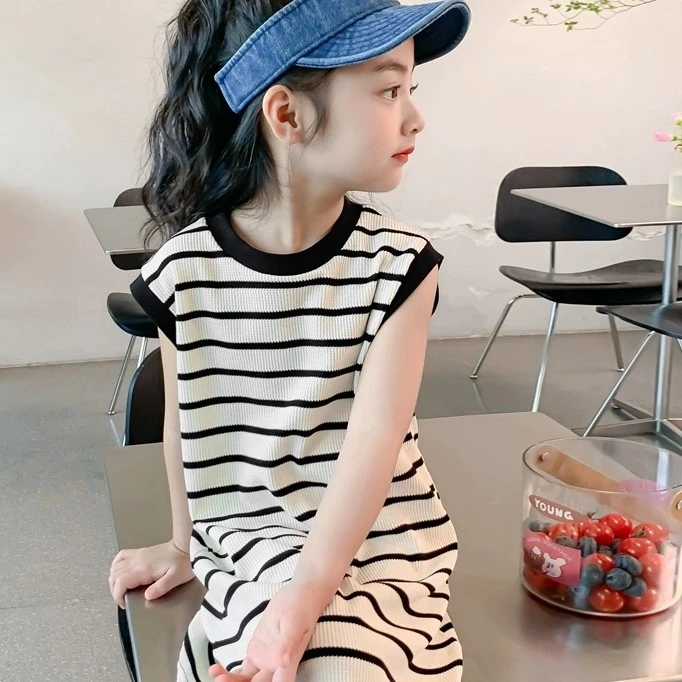 女宝夏季新款条纹时尚韩版连衣裙网红洋气a字裙子针织女童背心裙