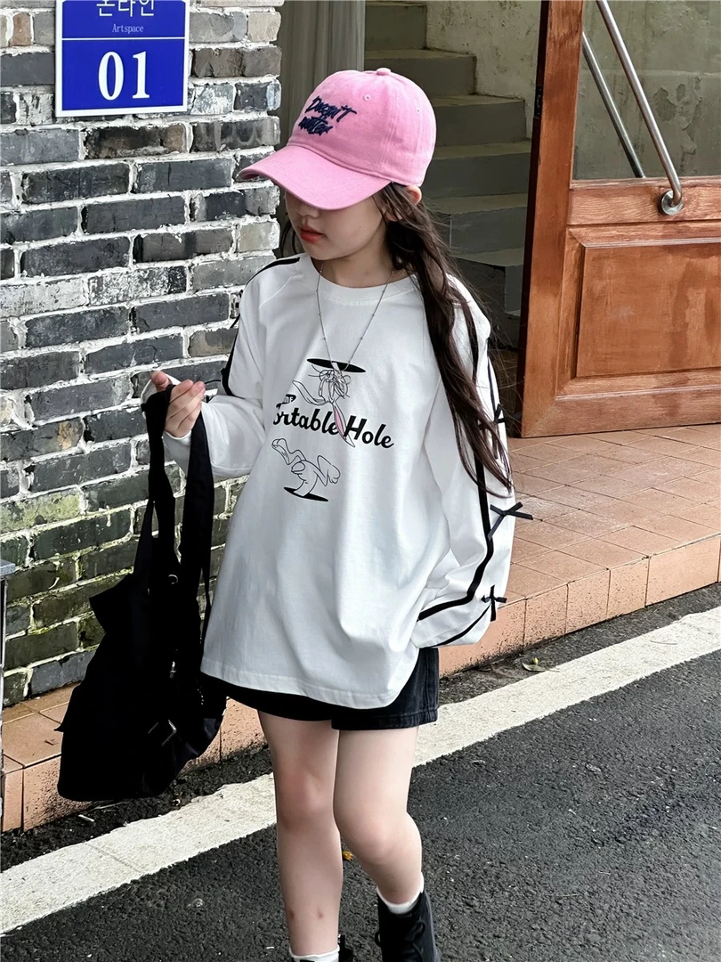 女童2025春秋款打底衫新款儿童甜美韩系蝴蝶结卡通宽松长袖秋款T