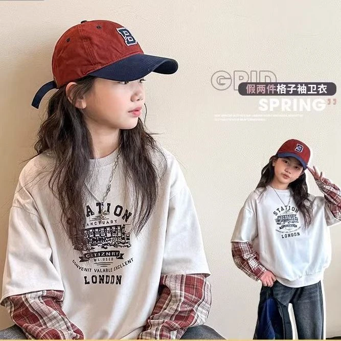 女童秋装新款2025中大童时尚洋气假两件格子拼接套头卫衣女孩上衣