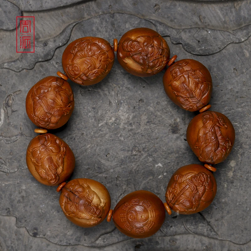 周派春毅核坊浮雕八宝八仙橄榄核手串纯手工雕刻文玩苏工男女款