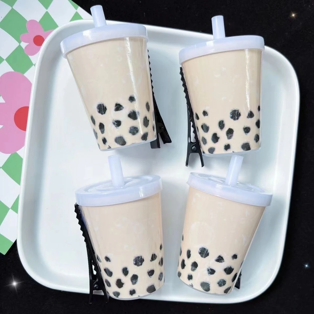 可爱奶茶发夹搞怪趣味刘海饮料儿童创意食物零食文字鸭嘴头饰发饰