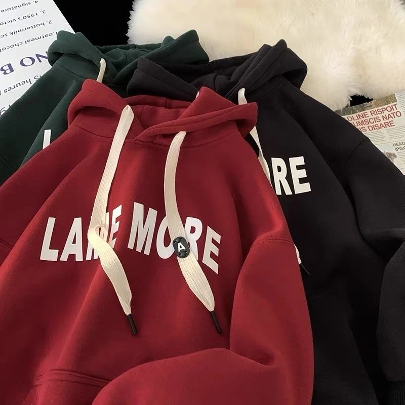 2024美式拉德红色重磅男女连帽卫衣春秋冬季高级情侣保暖宽松外套