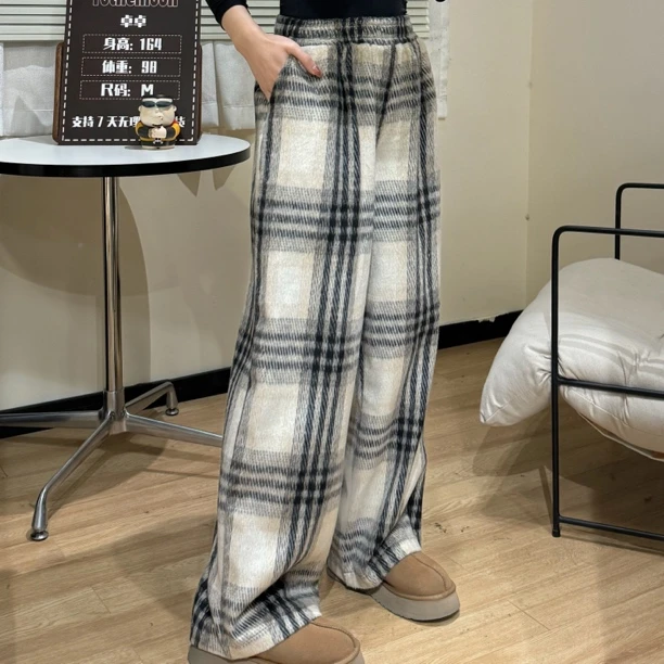 去月球 原创【托斯卡纳艳阳】格纹毛呢百搭阔腿裤