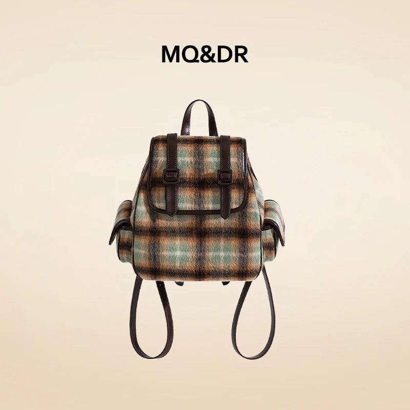 MQ&DR【冰萃甜茶】原创设计白绿格纹学院风复古双肩包大容量背包