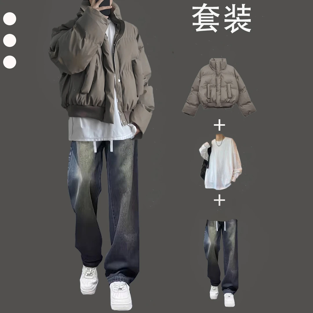 pu皮棉衣男套装冬季美式潮牌痞帅棉袄短款立领面包服高街棉服外套