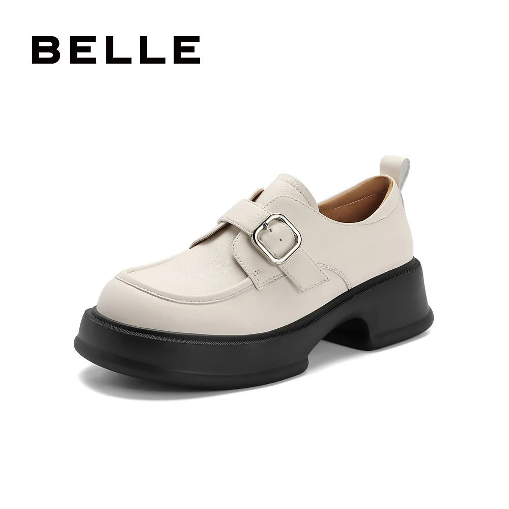 【百丽】时尚粗跟增高乐福鞋女2023秋新羊皮革学院风单鞋B1564CM3