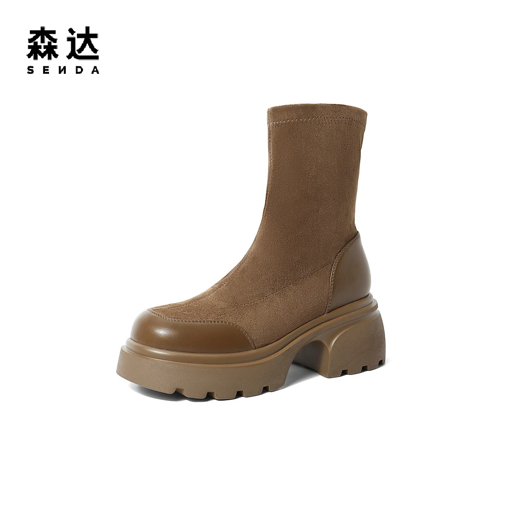 【百丽集团-森达】2023冬粗跟休闲时尚百搭弹力瘦瘦中筒靴ZTD35DZ3