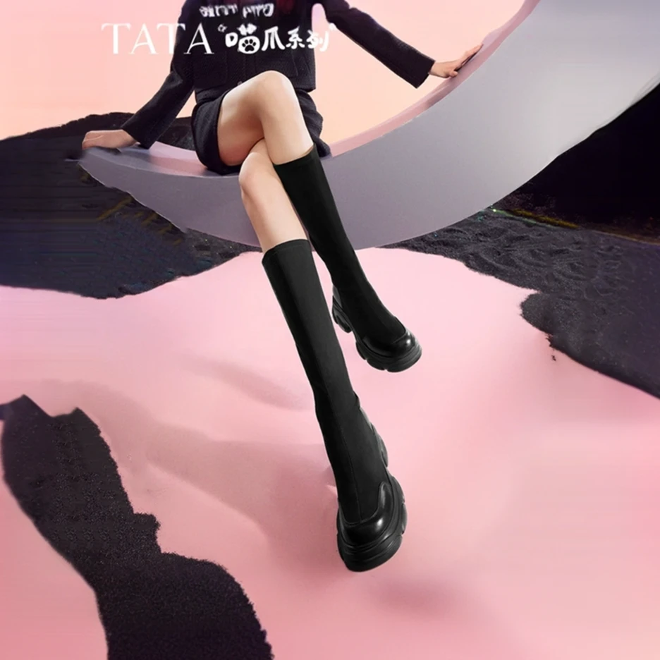 【百丽集团-TATA】24冬新厚底肯豆风圆头长筒弹力瘦瘦靴女CEG04DG4