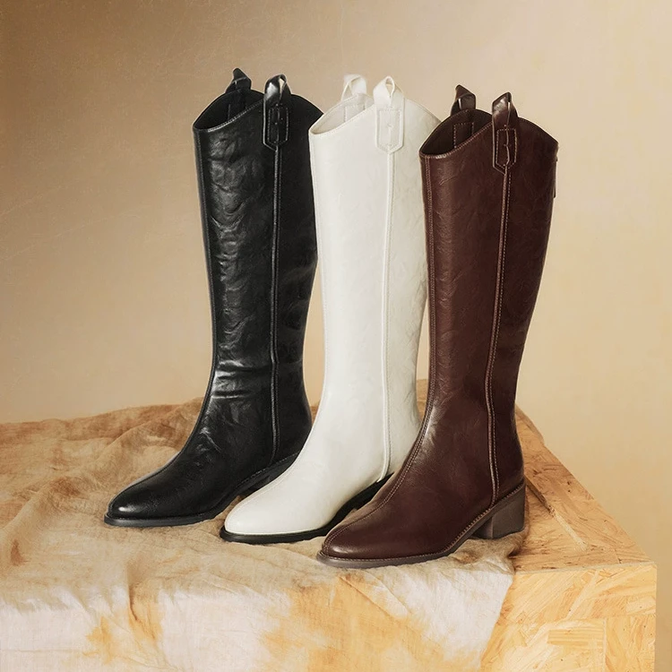 【百丽集团-百思图】24新款尖头粗跟女长靴白色高筒靴M5321DG4