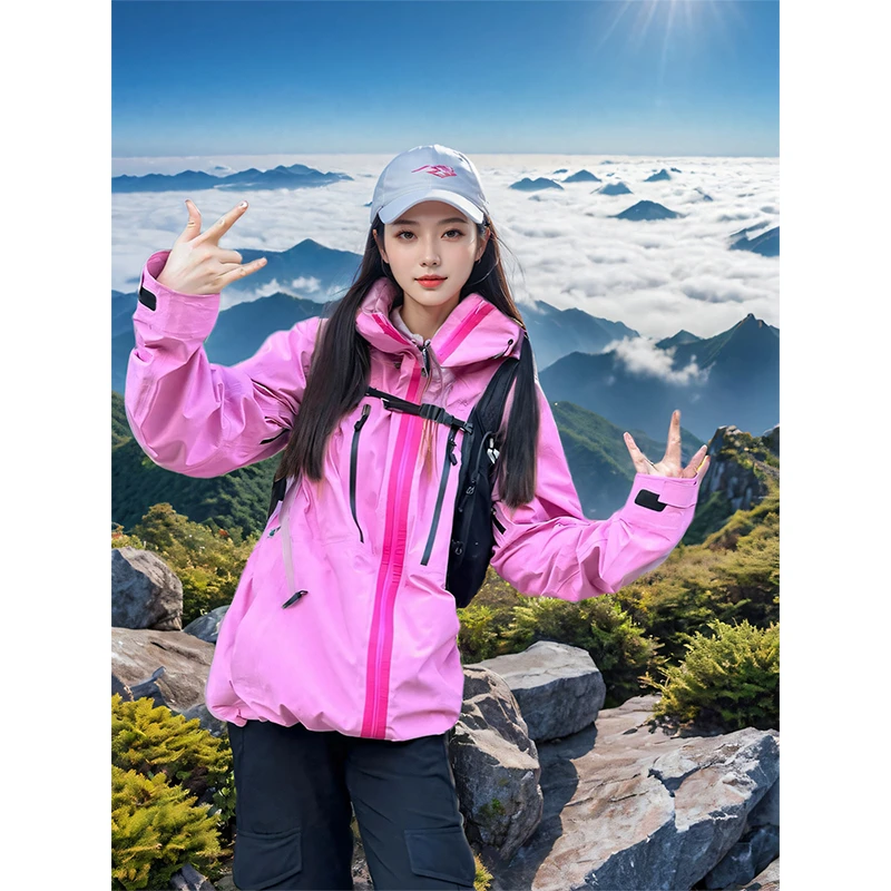 KSKM桃粉色冲锋衣外套女2025春秋美式户外三合一防风防水登山服男