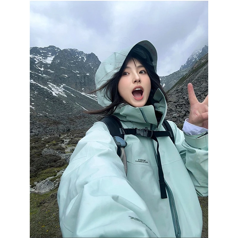 KSKM薄荷绿冲锋衣女2025春秋季美式三合一防风防水高颜值登山服男