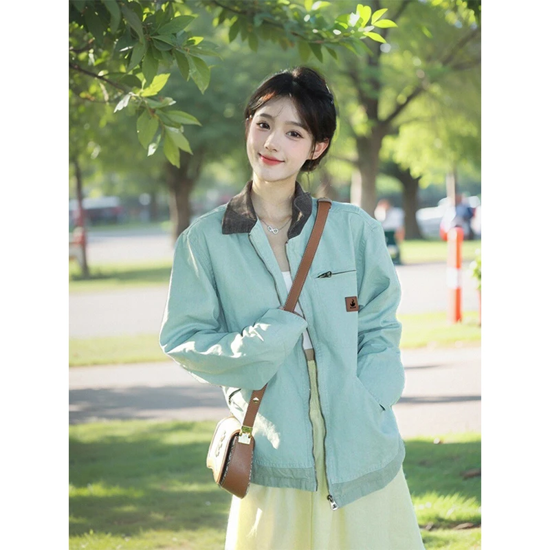 KSKM薄荷绿工装外套女男2026春秋新款美式复古底特律翻领宽松夹克