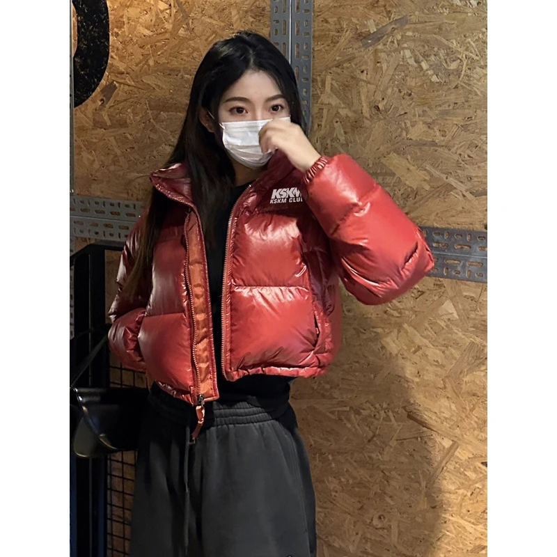 红色短款韩版棉服女秋冬季加厚美式高级小众设计感情侣装肯豆同款
