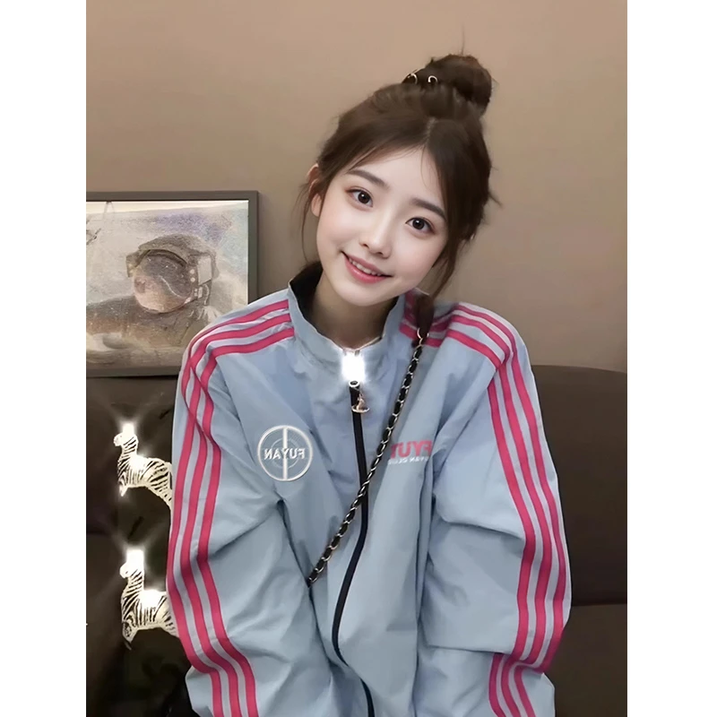 KSKM蓝色运动外套女春秋百搭美式复古小个子网红款棒球服夹克上衣