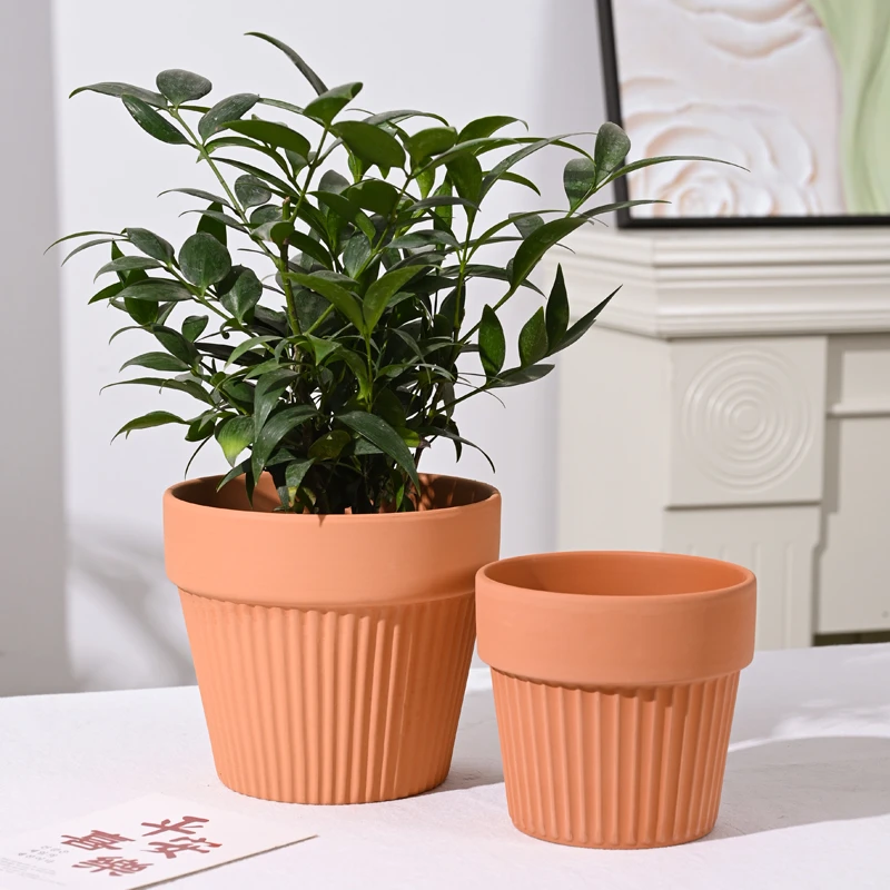 【两个装】经典圆形竖纹红陶花盆口径12高度11
