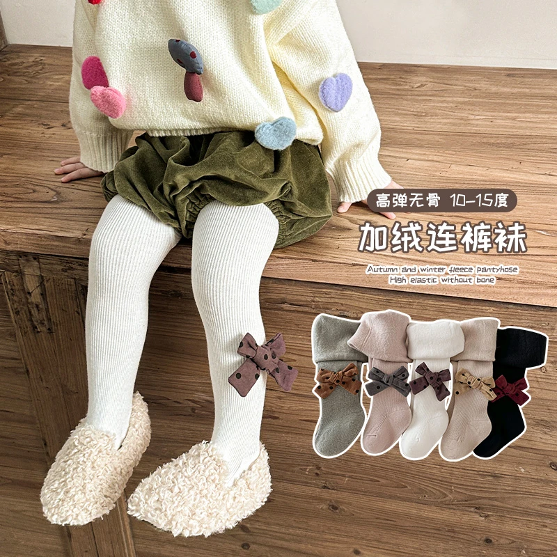 女童秋冬加绒打底裤宝宝薄绒波点蝴蝶结袜裤中大童外穿加厚打底裤