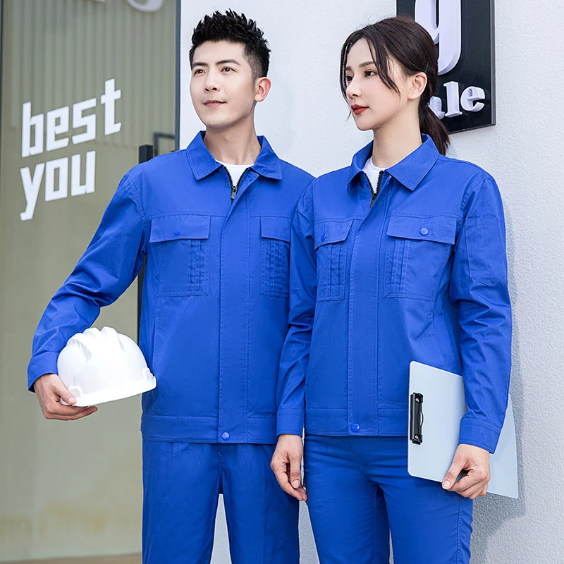 夏季全棉工作服定制Logo薄款透气耐磨长袖男蓝色车间工地劳保汽修