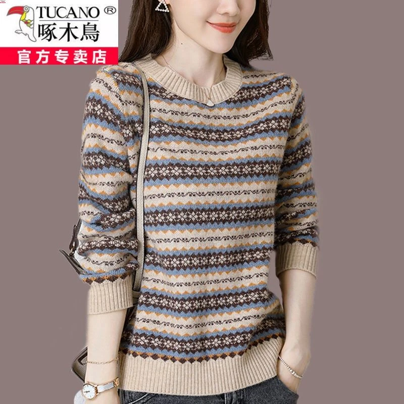 啄木鸟毛衣女秋冬宽松洋气针织衫加肥加大胖mm提花加厚羊毛打底衫