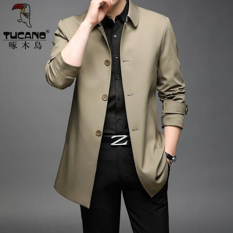 啄木鸟秋季中长款时尚风衣男士商务休闲加肥加大码爸爸装百搭外套