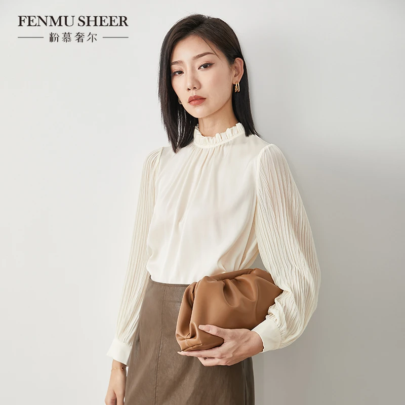 【小费班长】粉慕奢尔19姆米桑蚕丝气质垂感半高领衬衣上衣-G709