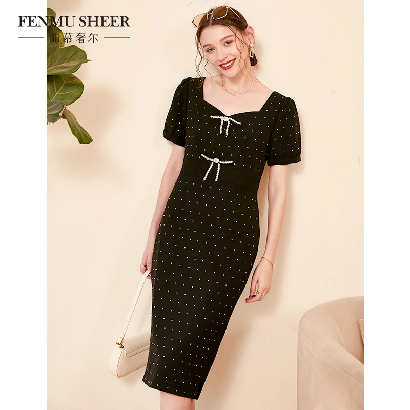 【格一专属】粉慕奢尔复古精致蝴蝶烫金优雅桃心领收腰连衣裙D822