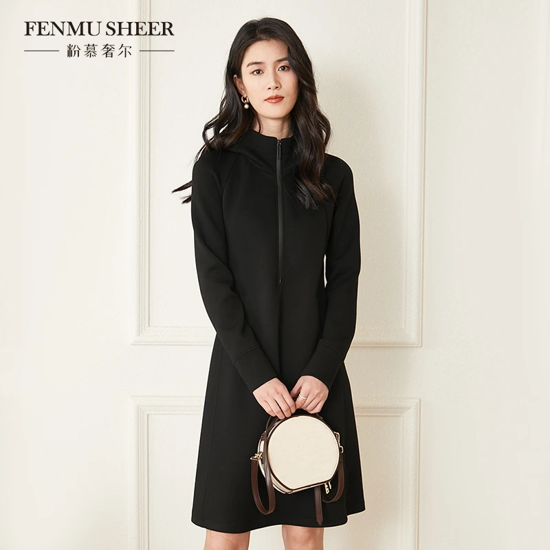 【文娇专属】粉慕奢尔「慵懒时光」休闲半高领收腰连衣裙-D1205