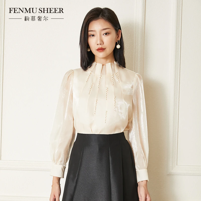 粉慕奢尔时装周走秀款『金粉世家』流光纱立领钉珠压褶上衣-G1589