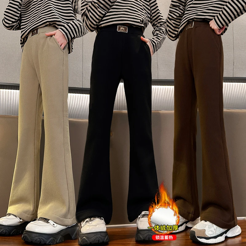 女童裤子加绒加厚秋冬装洋气休闲儿童大童韩版女孩黑色冬款喇叭裤