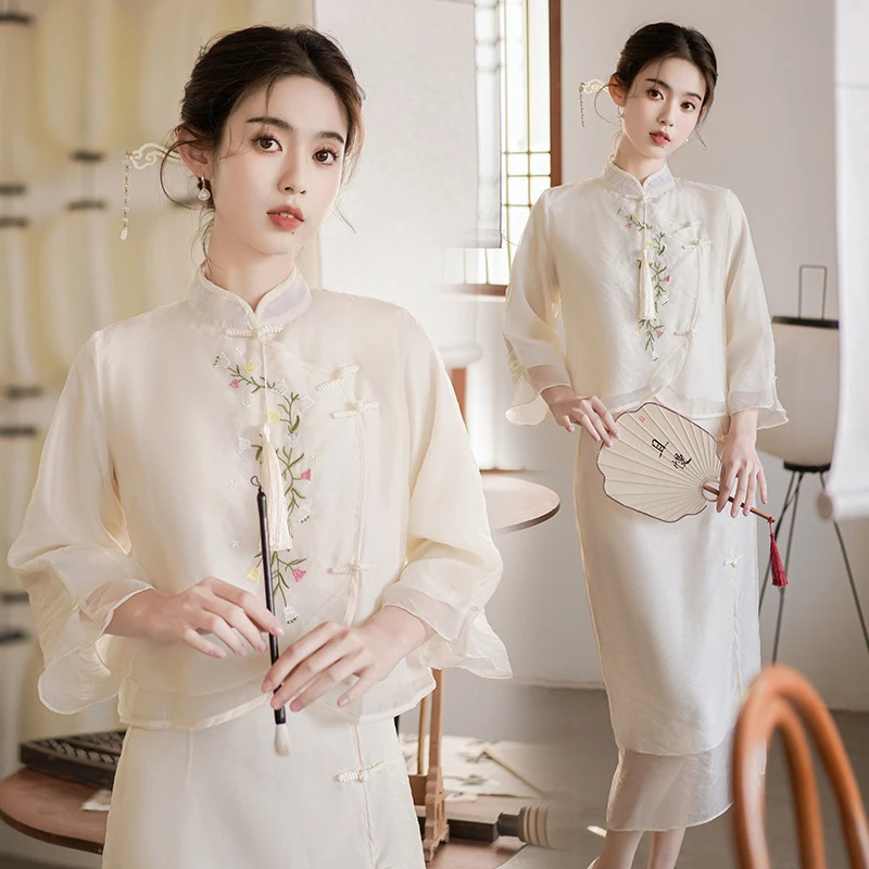 新中式女装清冷禅意套装茶服女国风上衣汉服改良旗袍两件套连衣裙