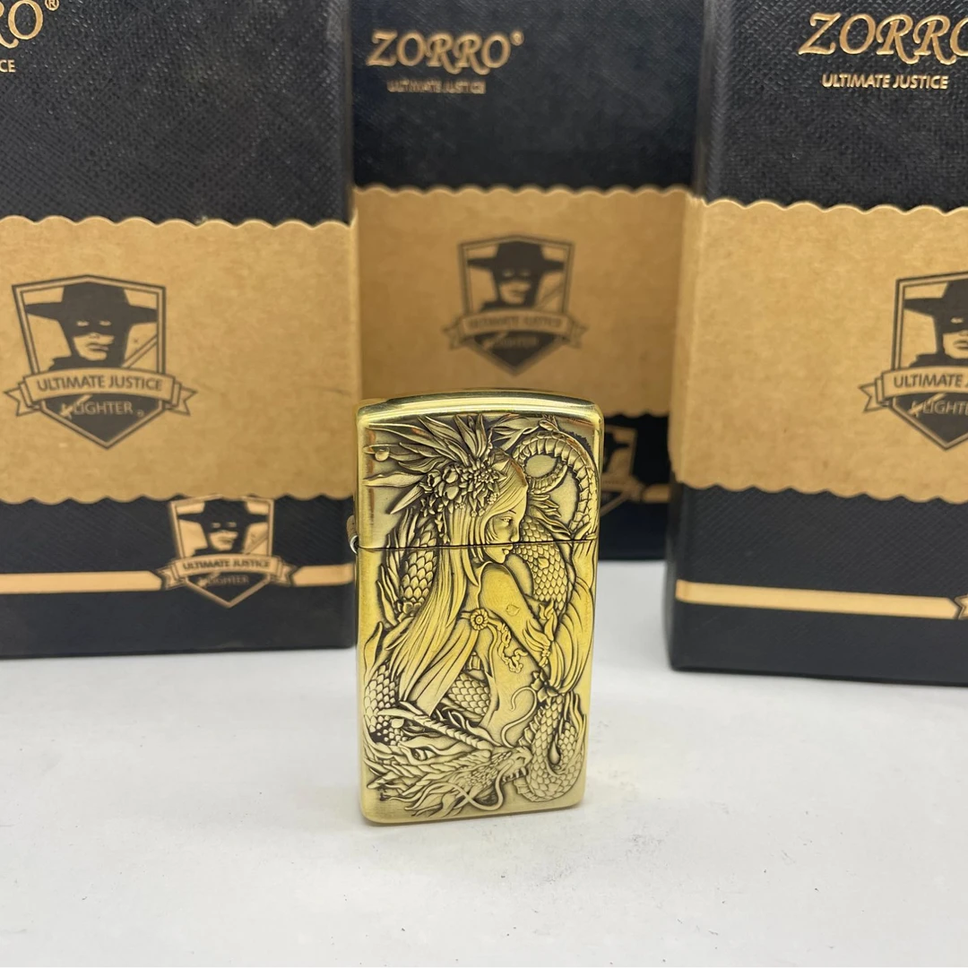 ZORRO佐罗909龙凤双骄黄铜窄机双面立体浮雕煤油防风打火机礼盒装