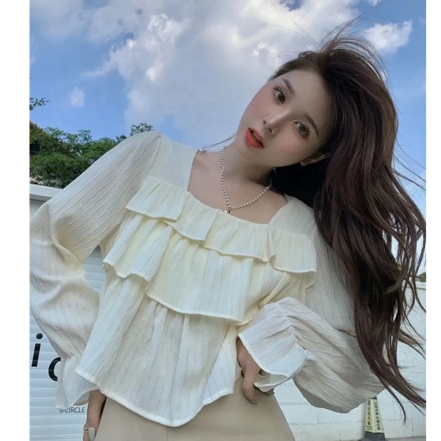 【长袖荷叶衫】小众设计感荷叶边衬衫女新款法式方领洋气漂亮衬衣