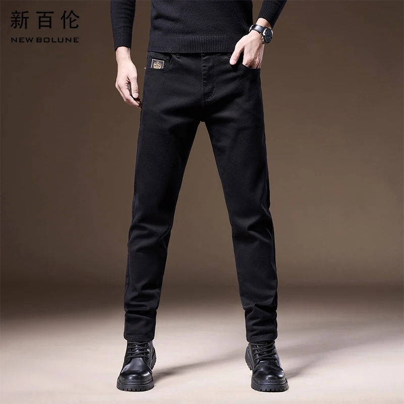 新百伦春夏男士牛仔裤黑色2025新款百搭弹力直筒修身男款轻奢长裤